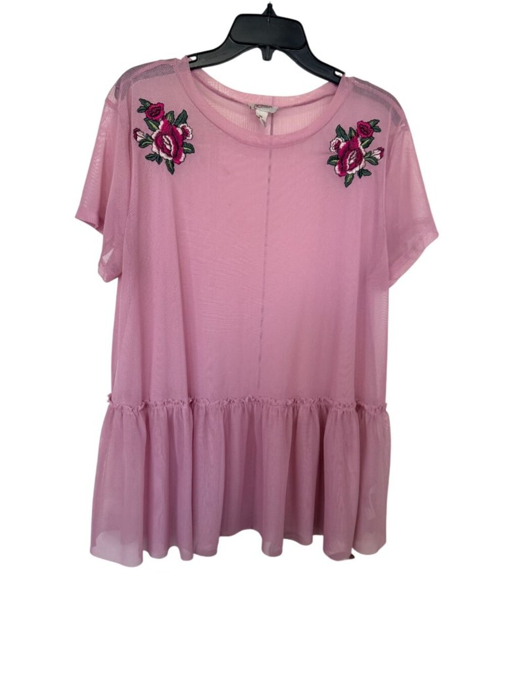 Arizona Jeans Co Pink Mesh Tunic Top XXL Floral Embroidered Ruffle Hem Boho